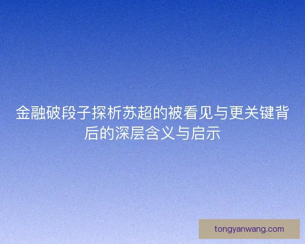 金融破段子探析苏超的被看见与更关键背后的深层含义与启示